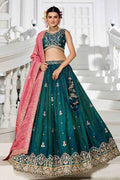 Teal Embroidered Lehenga with Pink Dupatta – Festive & Wedding Wear RTI