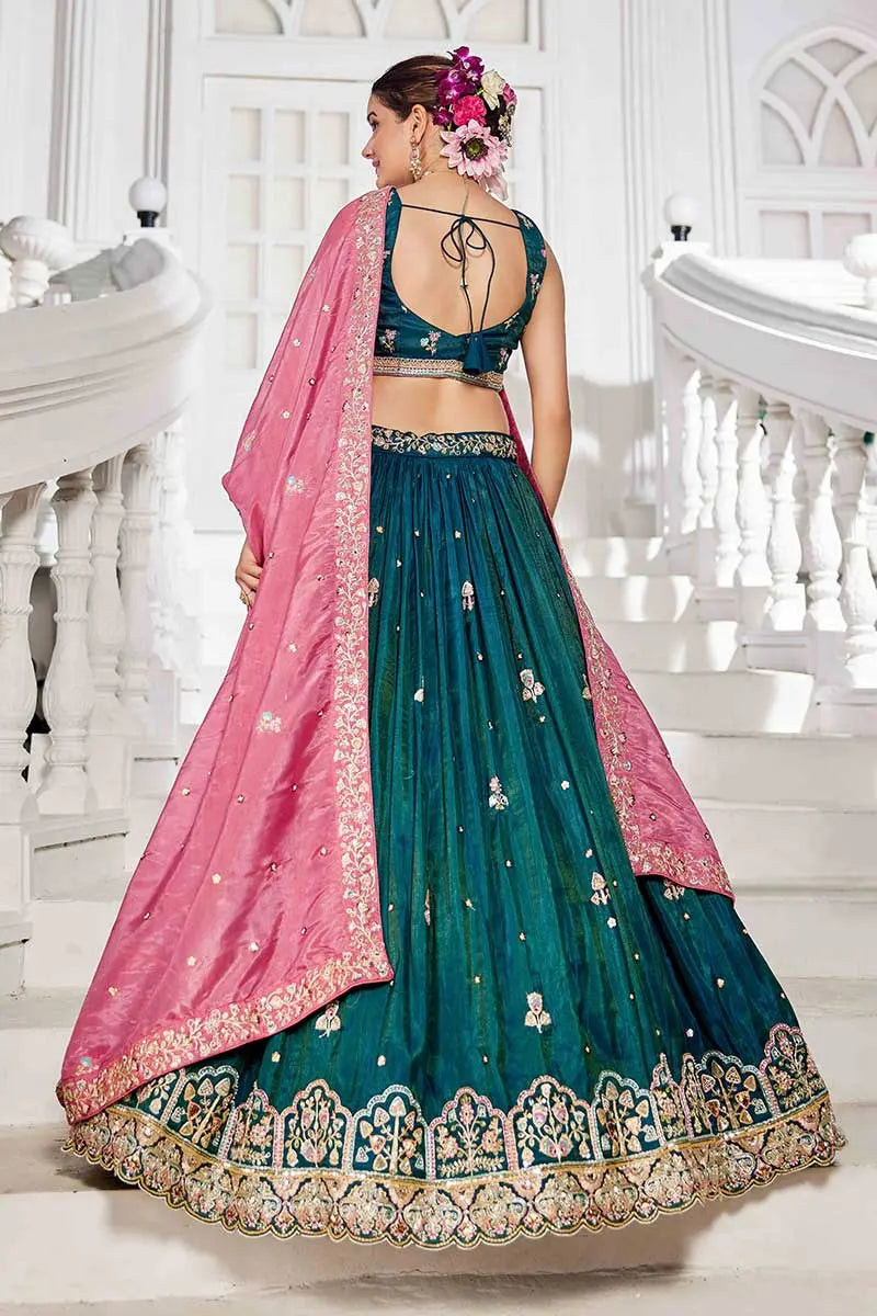 Teal Embroidered Lehenga with Pink Dupatta – Festive & Wedding Wear RTI