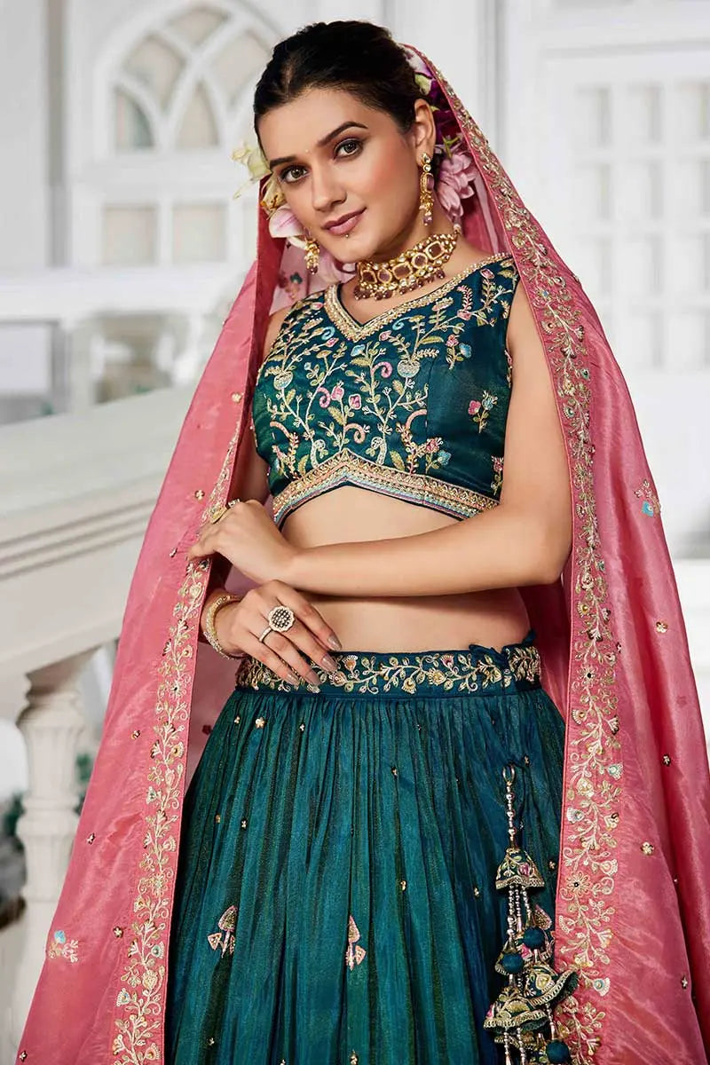 Teal Embroidered Lehenga with Pink Dupatta – Festive & Wedding Wear RTI