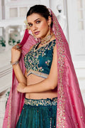 Teal Embroidered Lehenga with Pink Dupatta – Festive & Wedding Wear RTI