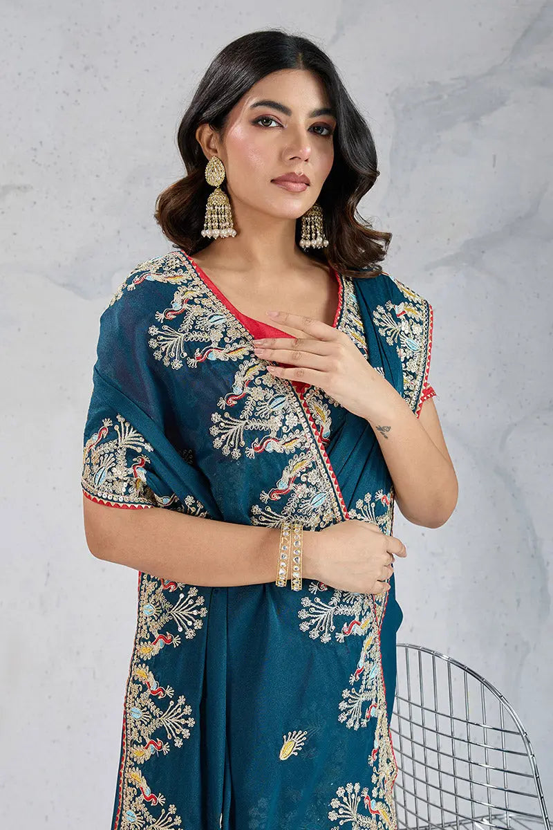 Teal Embroidered Saree with Red Blouse – Festive & Party Wear RTI