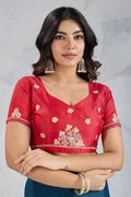 Teal Embroidered Saree with Red Blouse – Festive & Party Wear RTI