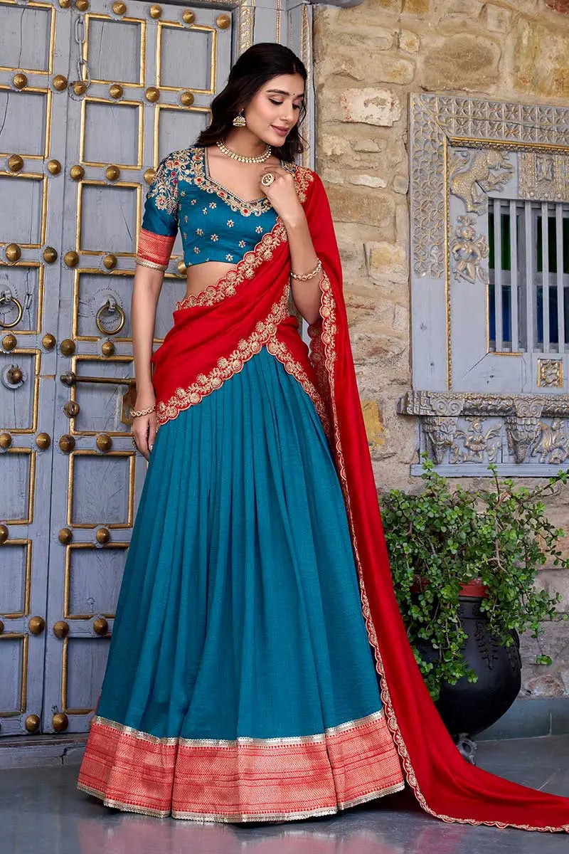 Teal & Red Bridal Lehenga Choli Set with Dupatta – Classic Festive/Function wear RTI