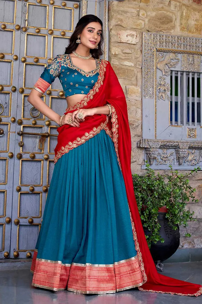 Teal & Red Bridal Lehenga Choli Set with Dupatta – Classic Festive/Function wear RTI