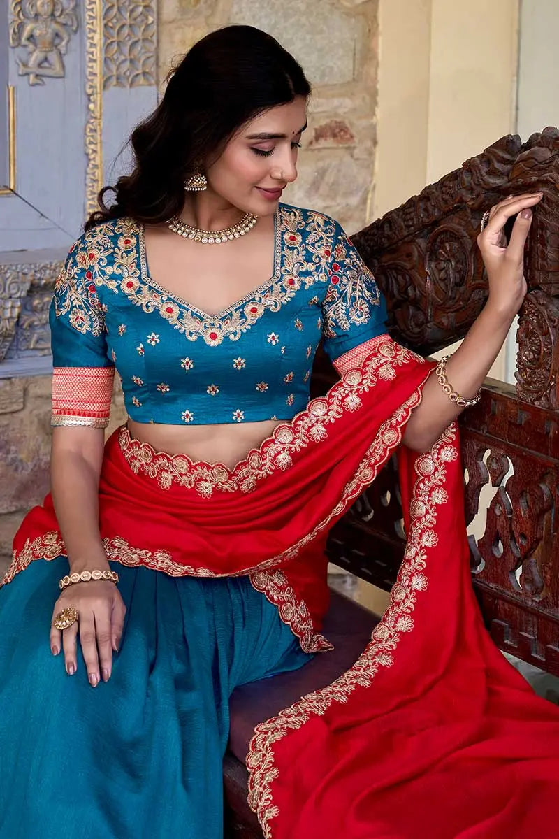 Teal & Red Bridal Lehenga Choli Set with Dupatta – Classic Festive/Function wear RTI