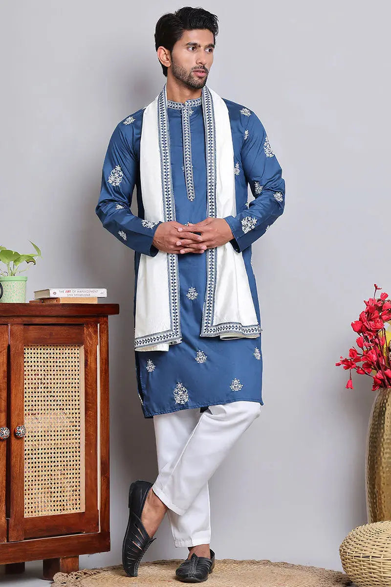Teal blue Cotton Silk Sequins Embroidered Kurta Pajama Dupatta Set - Traditional Wear VA