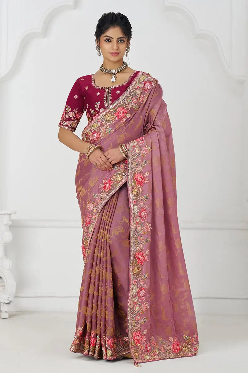 Threaded Blossoms: Pink Saree with Colorful Floral Embroidery KSR