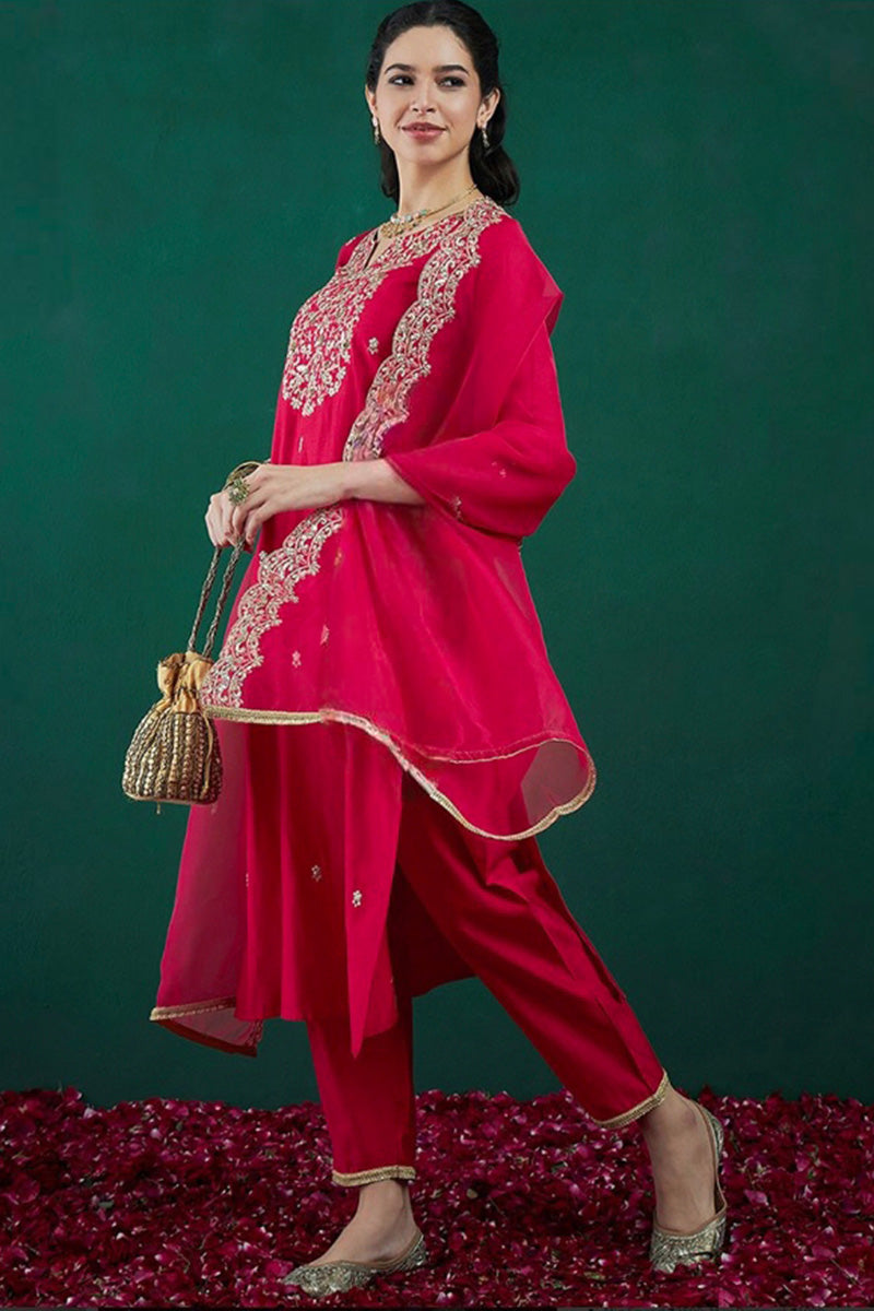 Pink Straight Suit with Embroidery & Dupatta | Party Wear Set VA