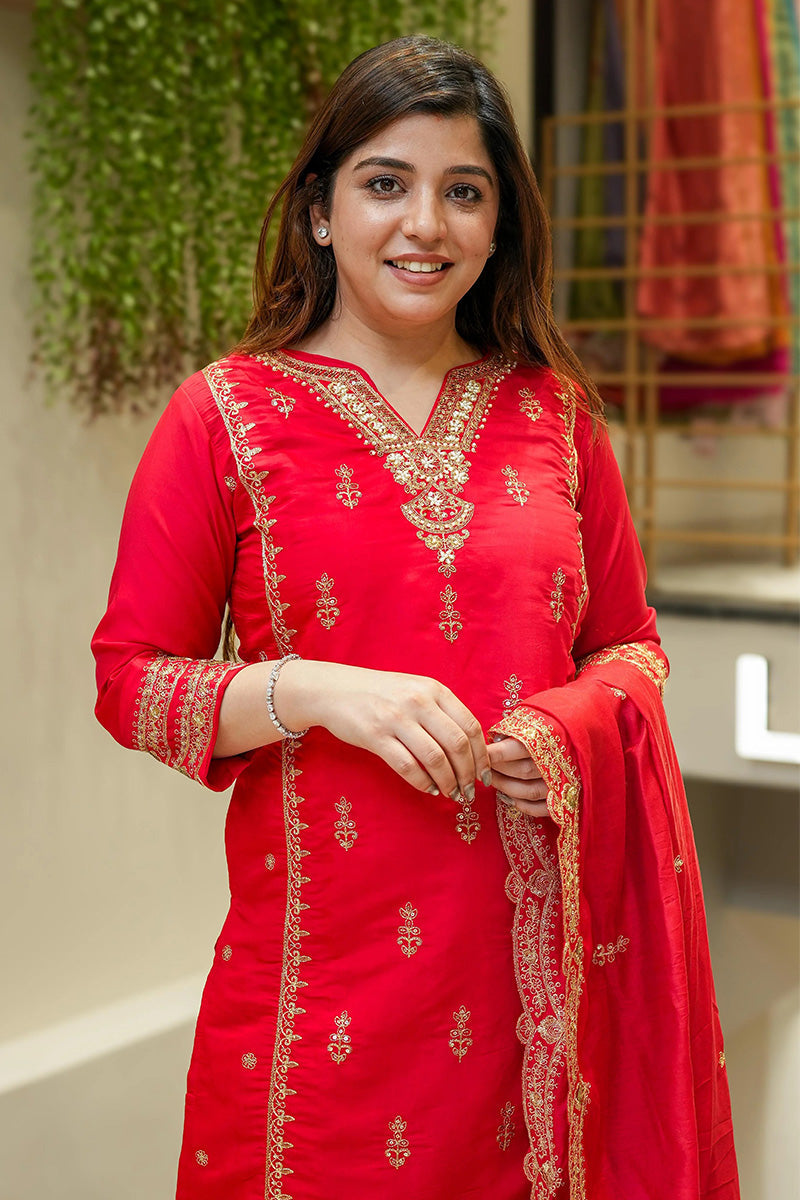 Red Embroidered 3-Piece Suit with Dupatta | Festive & Party Wear Outfit VA