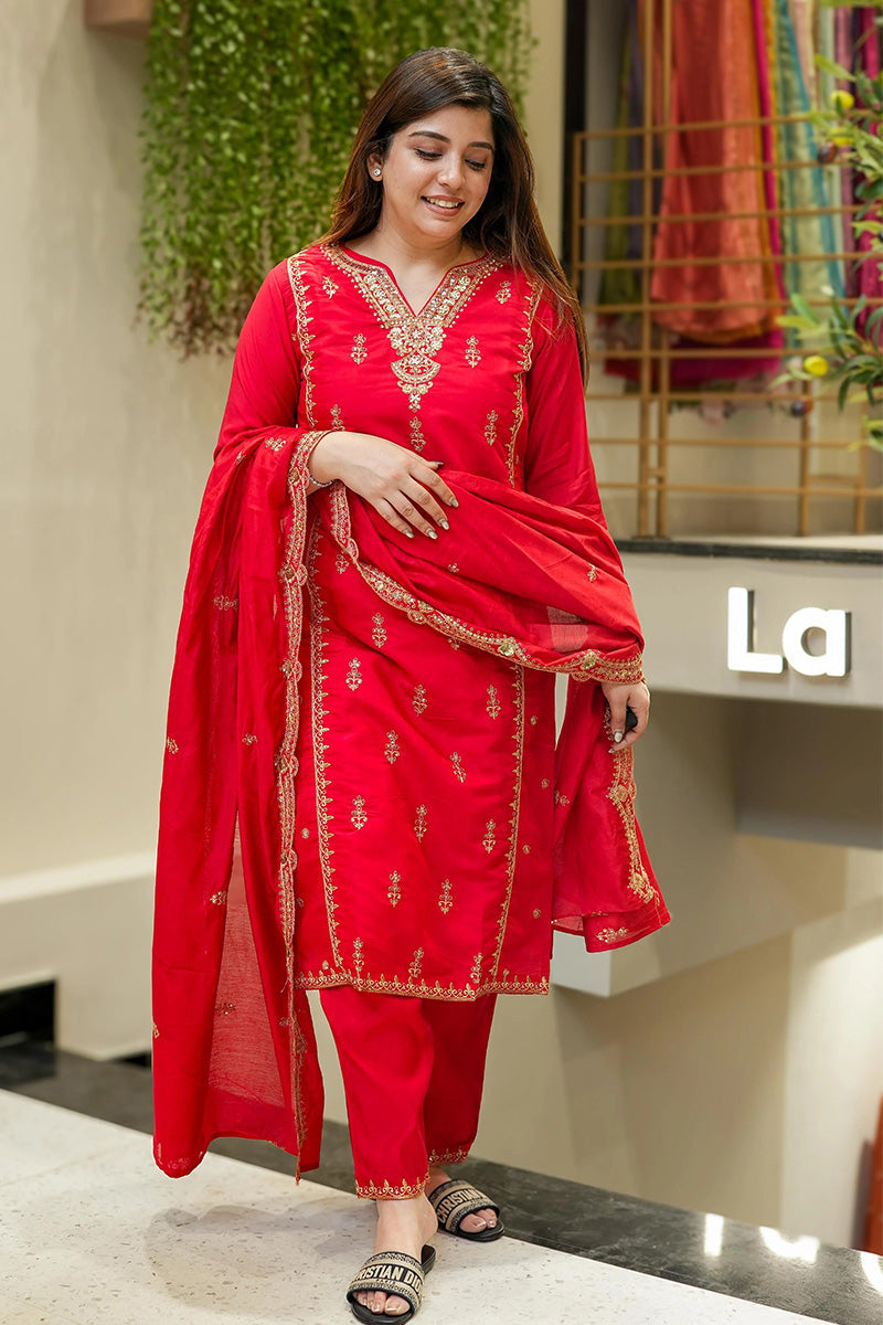 Red Embroidered 3-Piece Suit with Dupatta | Festive & Party Wear Outfit VA