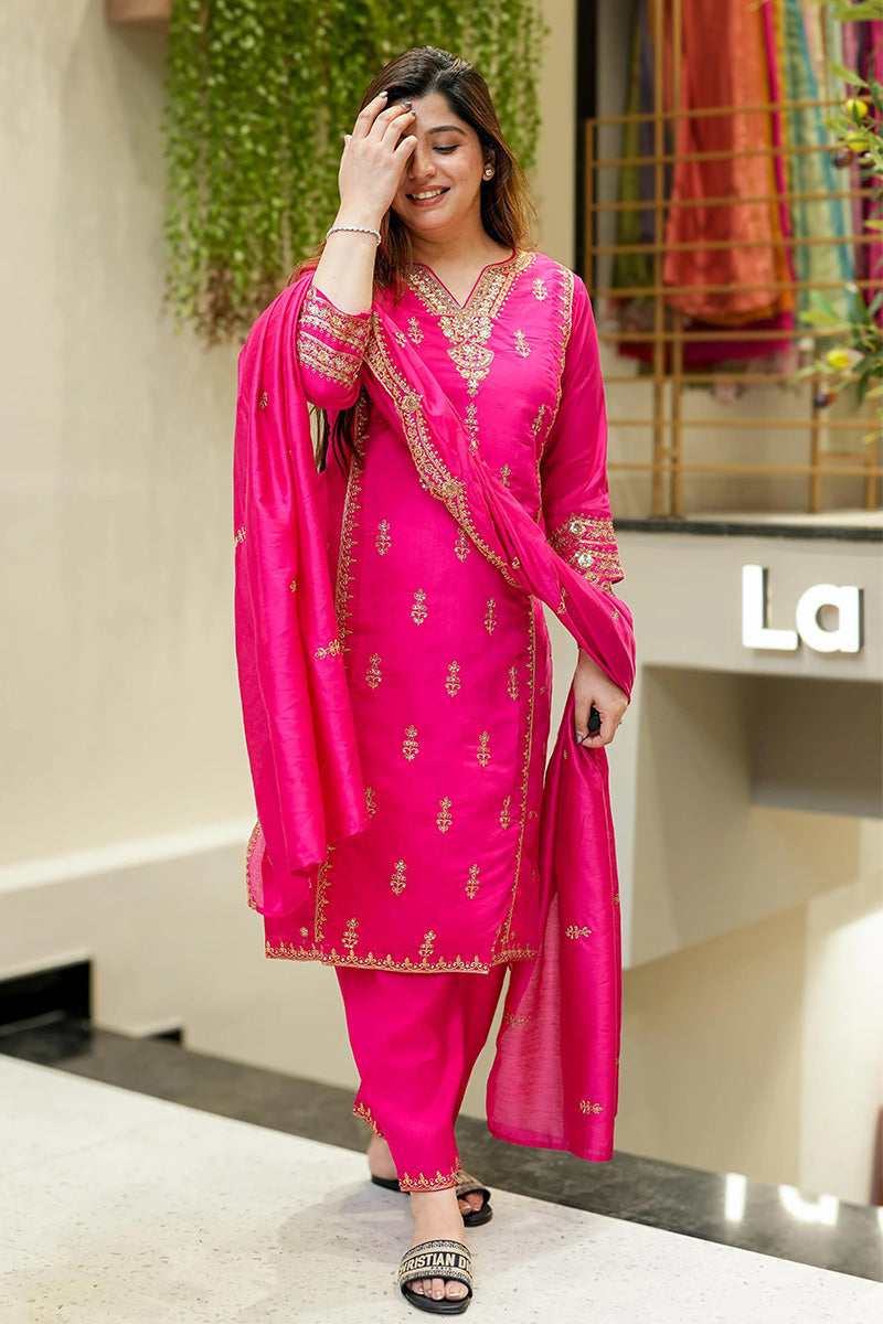 Festive Rani Pink Suit Set with Dupatta – Embroidered Design VA