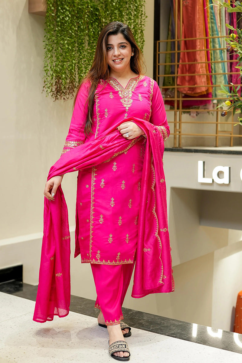 Festive Rani Pink Suit Set with Dupatta – Embroidered Design VA
