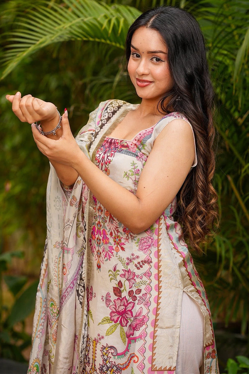 Signature Cream Suit with Delicate Floral Printed Dupatta VA