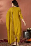 Elegant Mustard Suit Set with Golden Floral Thread Embroidered Dupatta VA