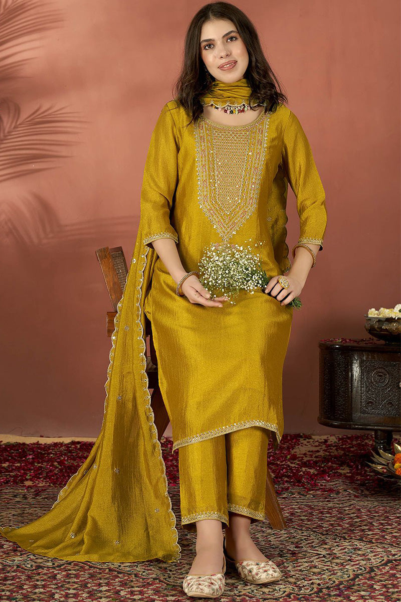 Elegant Mustard Suit Set with Golden Floral Thread Embroidered Dupatta VA
