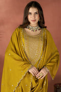 Elegant Mustard Suit Set with Golden Floral Thread Embroidered Dupatta VA