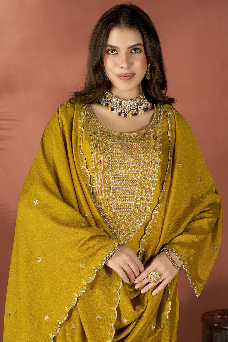 Elegant Mustard Suit Set with Golden Floral Thread Embroidered Dupatta VA