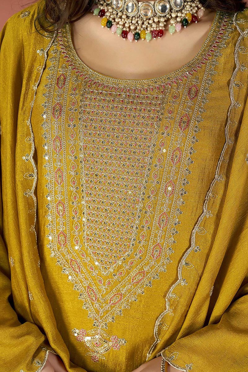 Elegant Mustard Suit Set with Golden Floral Thread Embroidered Dupatta VA