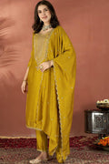 Elegant Mustard Suit Set with Golden Floral Thread Embroidered Dupatta VA