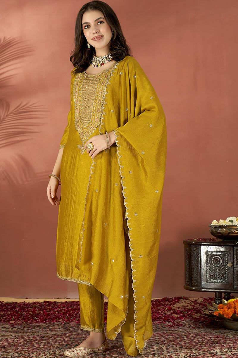 Elegant Mustard Suit Set with Golden Floral Thread Embroidered Dupatta VA