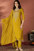 Elegant Mustard Suit Set with Golden Floral Thread Embroidered Dupatta VA