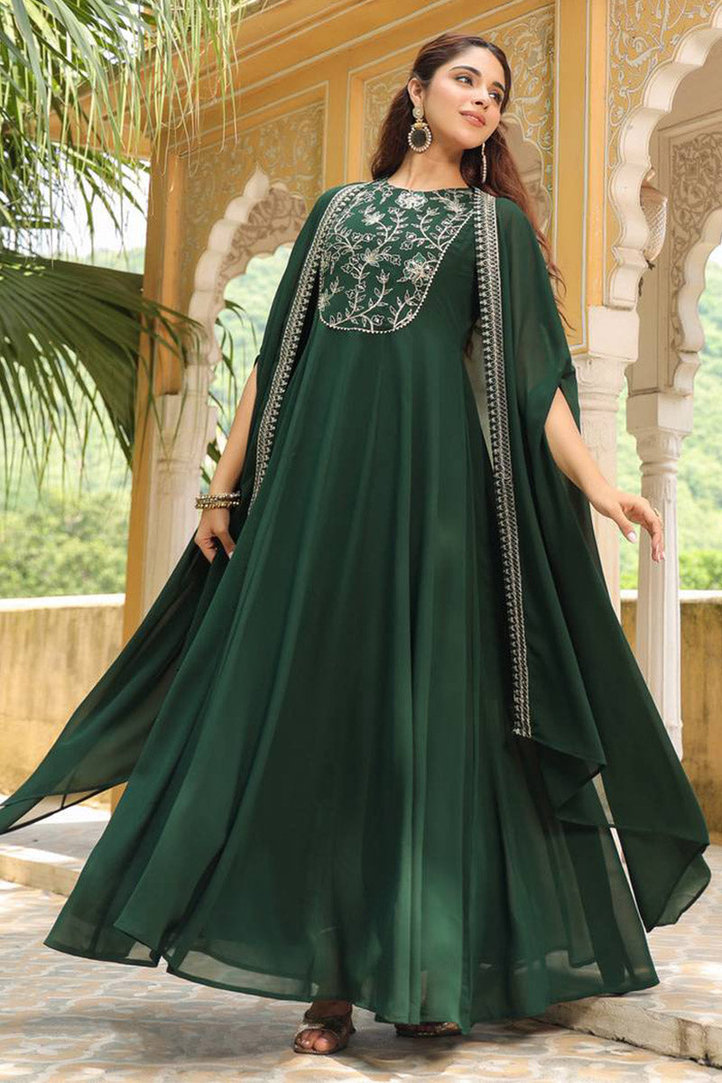 Emerald Green Embroidered Chiffon Maxi Abaya VA