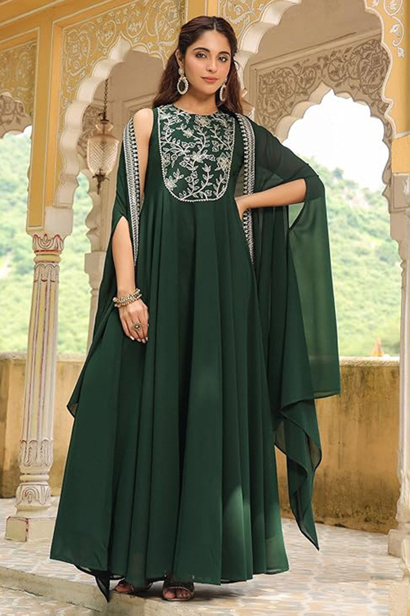 Emerald Green Embroidered Chiffon Maxi Abaya VA