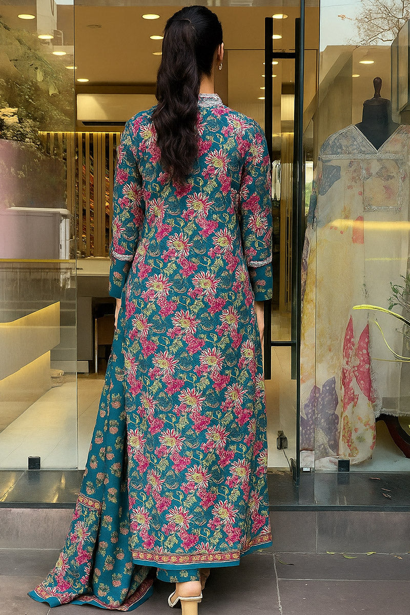 Timeless Teal Party Suit with Soft Botanical Print Dupatta VA