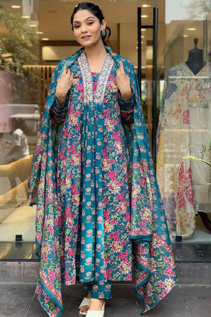 Timeless Teal Party Suit with Soft Botanical Print Dupatta VA