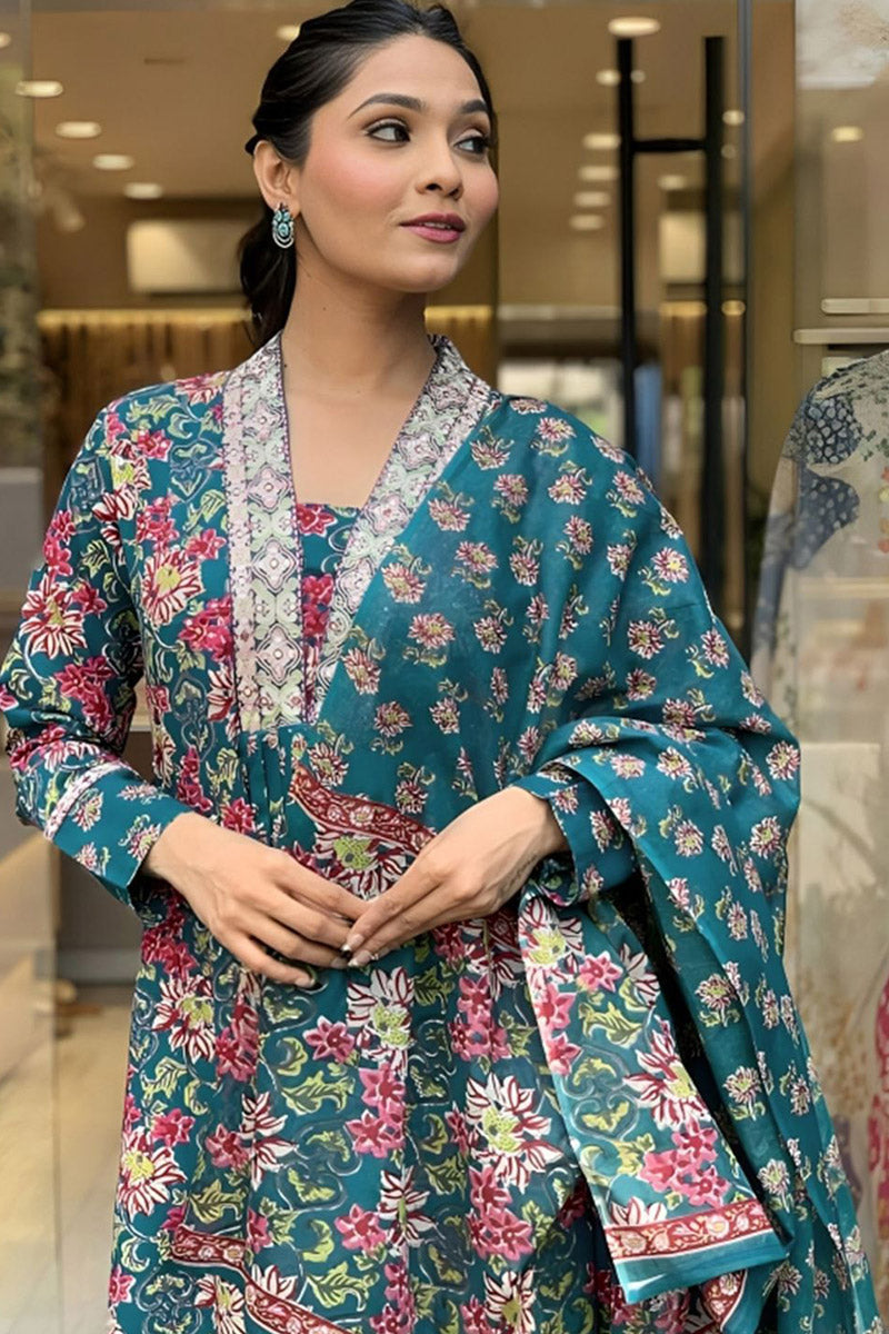 Timeless Teal Party Suit with Soft Botanical Print Dupatta VA