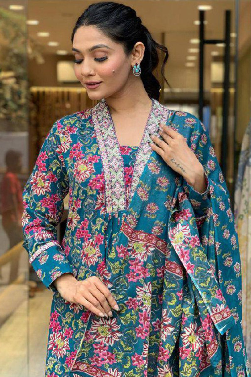 Timeless Teal Party Suit with Soft Botanical Print Dupatta VA