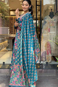 Timeless Teal Party Suit with Soft Botanical Print Dupatta VA