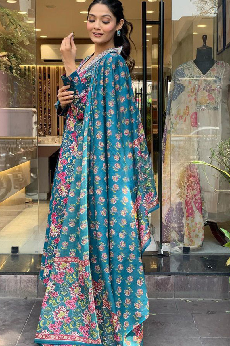 Timeless Teal Party Suit with Soft Botanical Print Dupatta VA