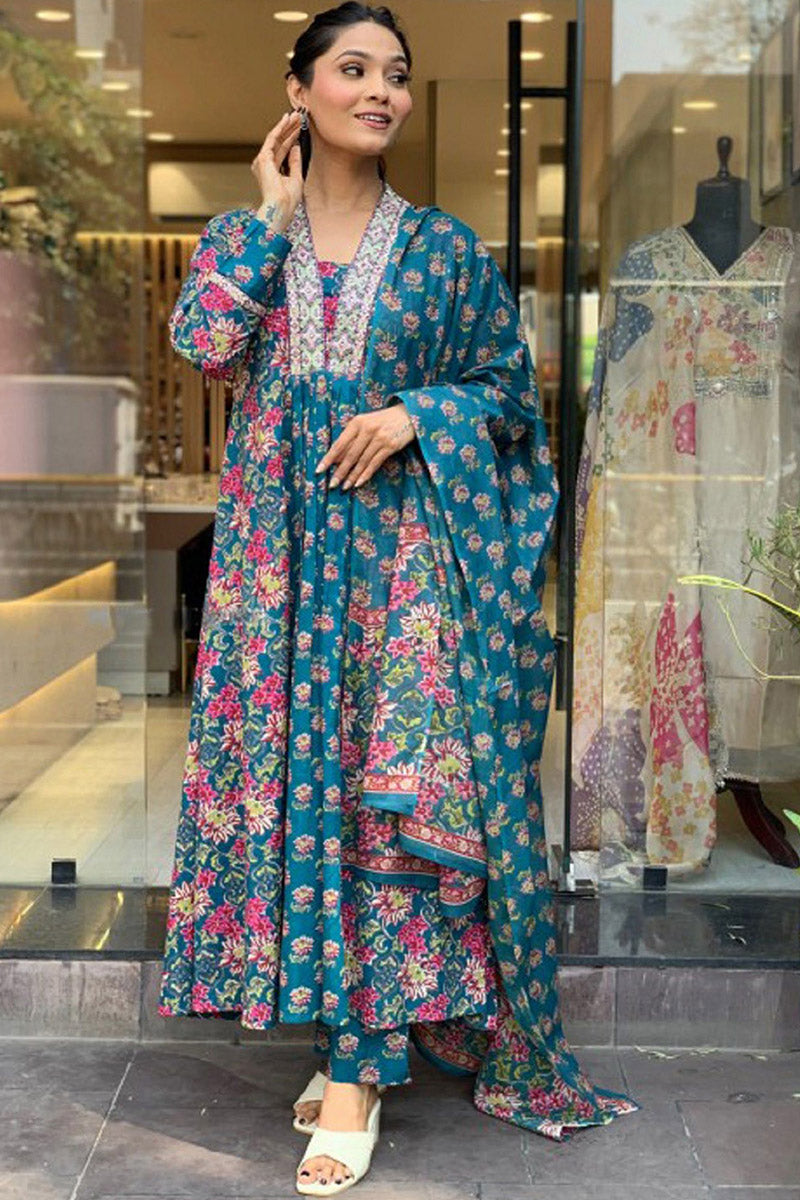 Timeless Teal Party Suit with Soft Botanical Print Dupatta VA