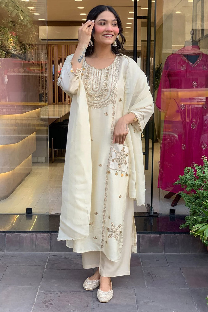 Off White Classic Three-Piece Suit with Graceful Thread Embroidered Dupatta LF