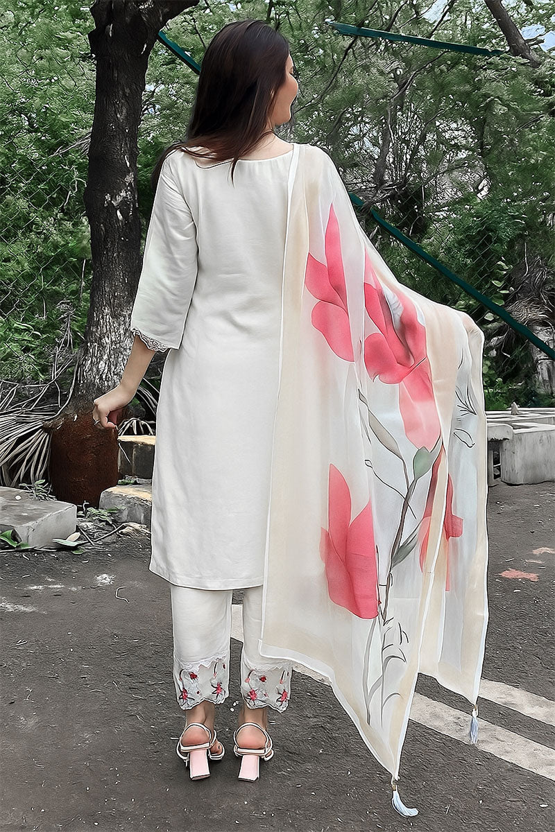 Luxe White Suit Ensemble with Romantic Floral Dupatta LF