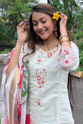 Luxe White Suit Ensemble with Romantic Floral Dupatta LF