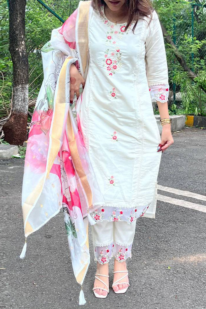 Luxe White Suit Ensemble with Romantic Floral Dupatta LF