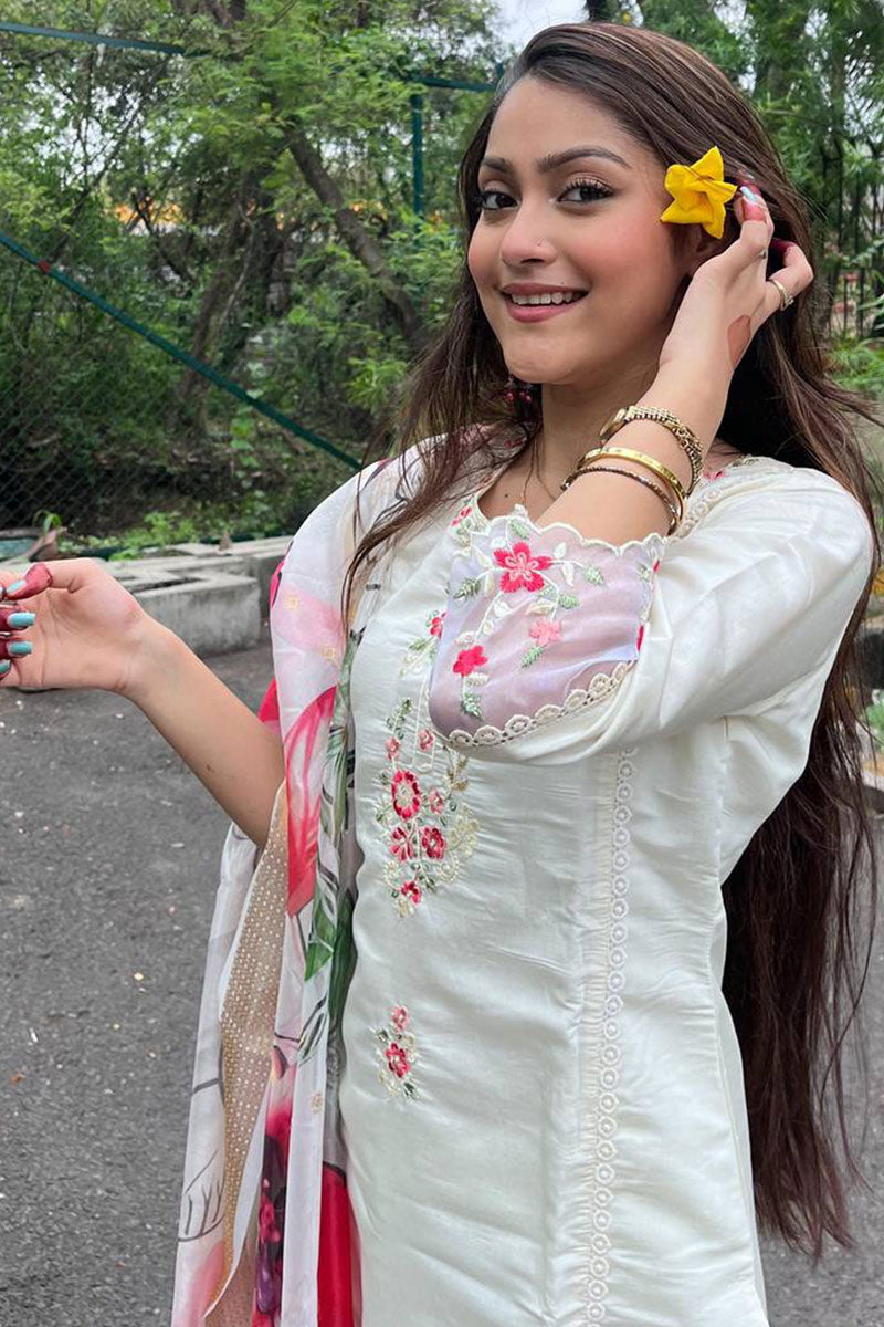 Luxe White Suit Ensemble with Romantic Floral Dupatta LF