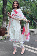 Luxe White Suit Ensemble with Romantic Floral Dupatta LF
