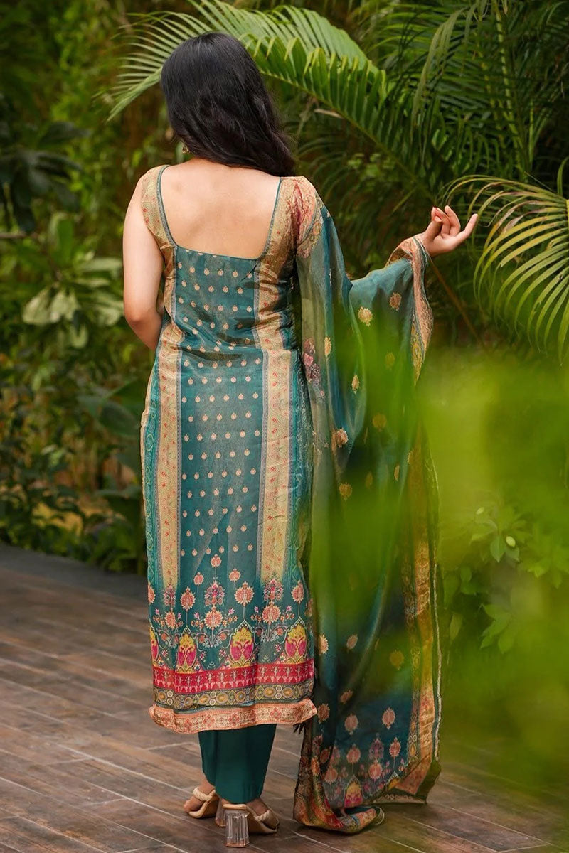 Teal Green Festive Suit Set with Watercolour-Style Floral Dupatta LF