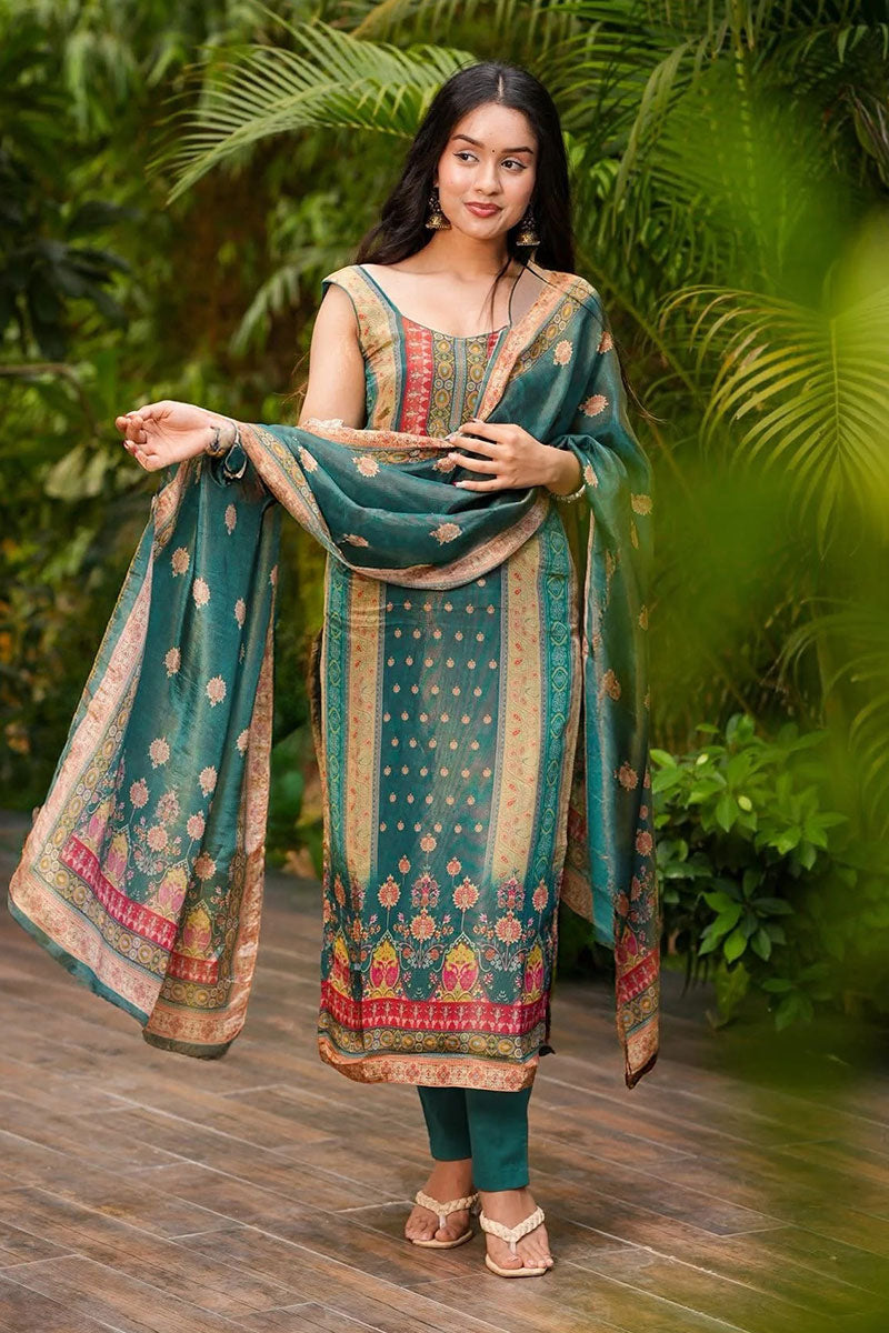 Teal Green Festive Suit Set with Watercolour-Style Floral Dupatta LF