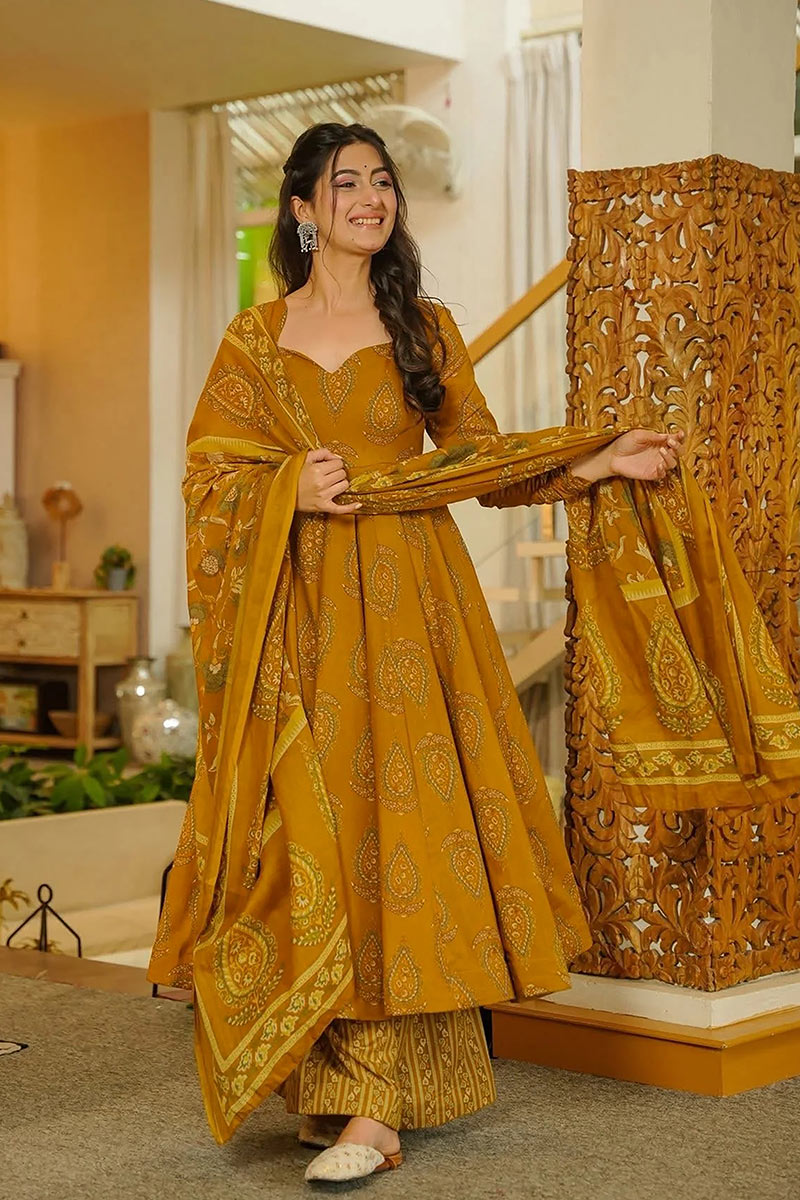 Premium Mustard Digital Print Kurta set – Lightweight Maslin | UK Ready Stock UF