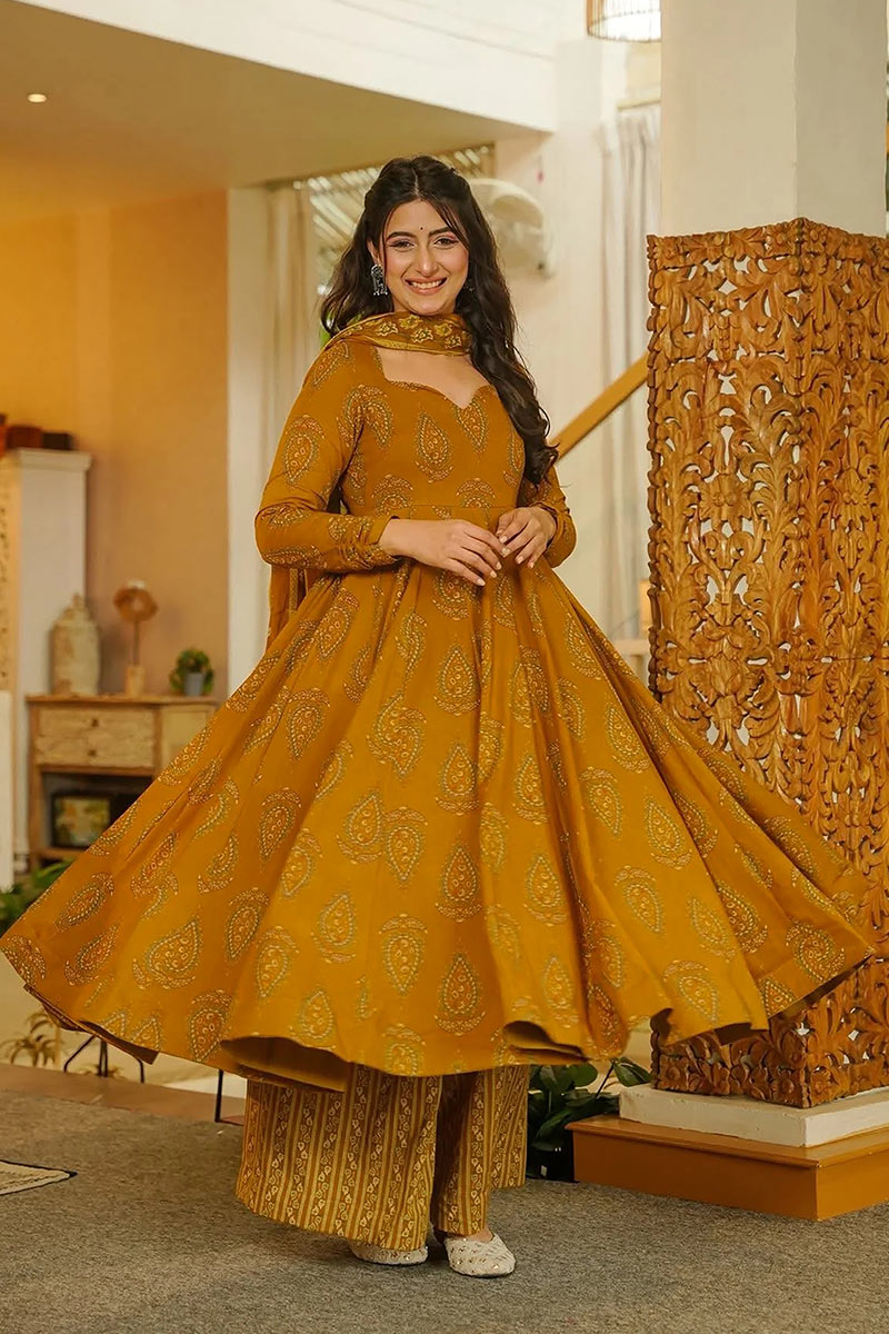 Premium Mustard Digital Print Kurta set – Lightweight Maslin | UK Ready Stock UF