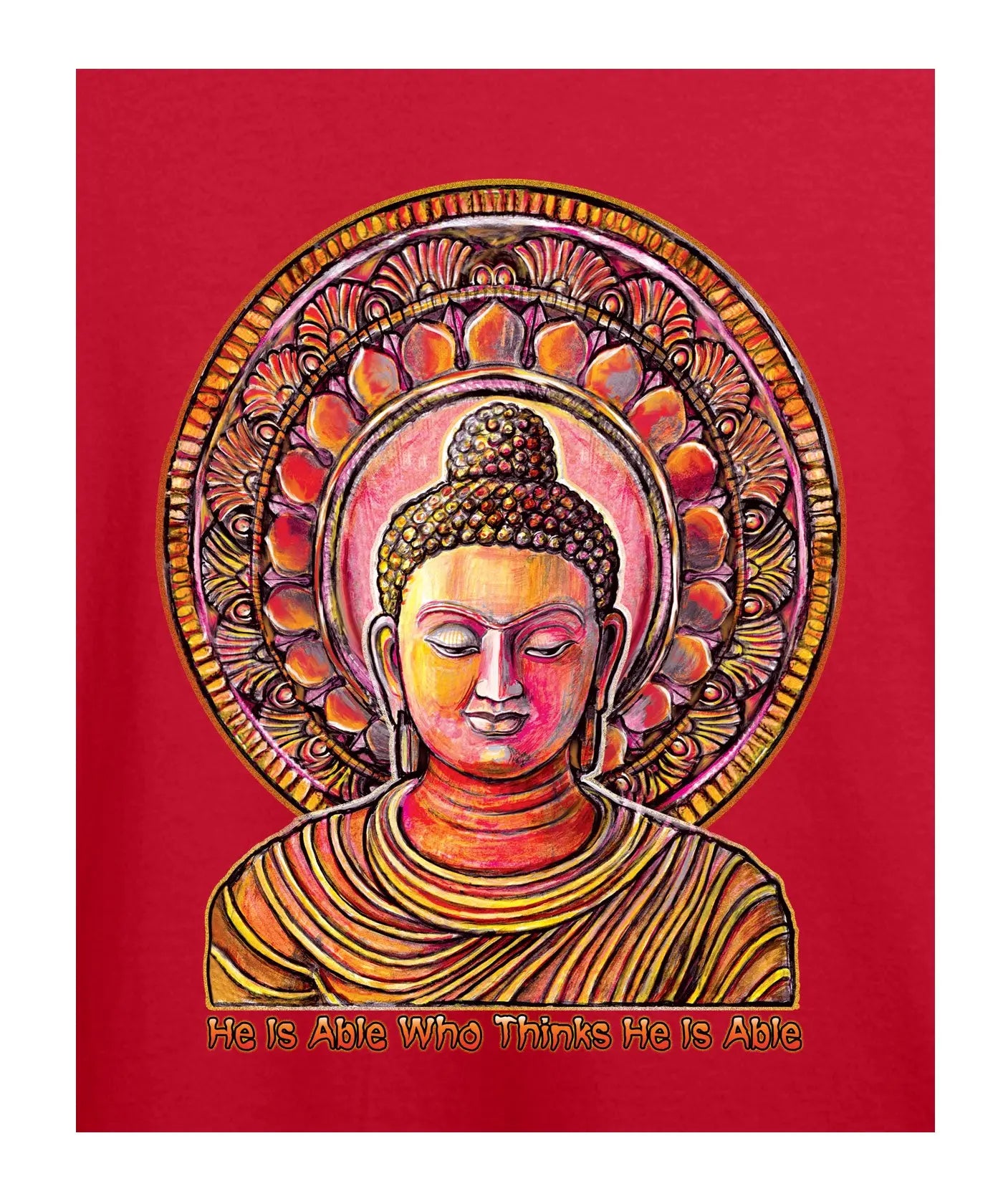 Vibrant Buddha Print T-Shirt – Inspirational Quote –  Premium Round Neck - Red - 100% Cotton Offbeat