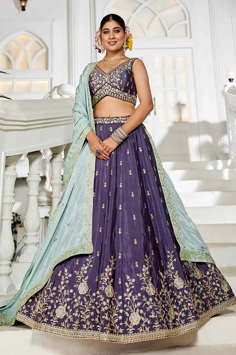 Violet Embroidered Lehenga with Sky Blue Dupatta – Festive & Wedding Wear RTI