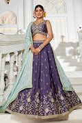 Violet Embroidered Lehenga with Sky Blue Dupatta – Festive & Wedding Wear RTI
