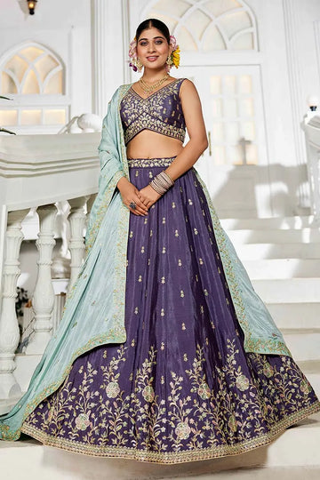 Violet Embroidered Lehenga with Sky Blue Dupatta – Festive & Wedding Wear RTI