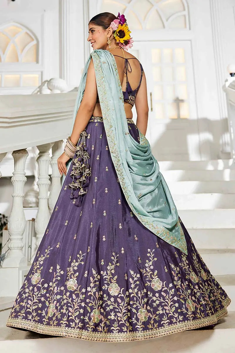 Violet Embroidered Lehenga with Sky Blue Dupatta – Festive & Wedding Wear RTI