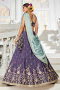 Violet Embroidered Lehenga with Sky Blue Dupatta – Festive & Wedding Wear RTI